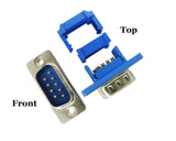 CompuCablePlusUSA.com DB9 Male IDC Metal Shell Connector for Serial RS-232 | 9-Pin DE9 Connector, Front view and top view.