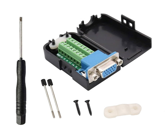 High Density DB15 VGA Female 3 Row D-Sub Solderless Breakout Terminal Block Connector DIY Kit ( High Density DB15 Female 1 PC ) with 1 screwdriver, 2 short screws, 2 long bolts, and 1 Line Clamp.