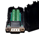 DTB-15HMP-KIT Electronic connector with green terminal block and DB9 female socket on a white background