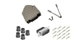 Male DB15 Crimp Type DIY Kit.  Complete Bundle DIY Kit Includes D-Sub Crimp Connector, Crimp Pins, Deluxe No-Ear, Full Profile Metal Housing, Strain Relief Grommet, and Screws.