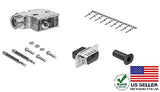 DB9 Crimp Male Connector complete bundle DIY Kit includes connector, Right angle hood, male crimp pin, strain relief grommets and screws.