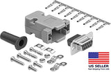 DB9 Crimp Female Connector complete bundle DIY Kit includes connector, hood, female crimp pin, strain relief grommet and screws.
