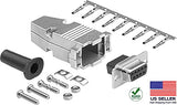 DB9 Crimp Female Connector complete bundle DIY Kit includes female connector, housing, female crimp pin, strain relief grommets and screws.