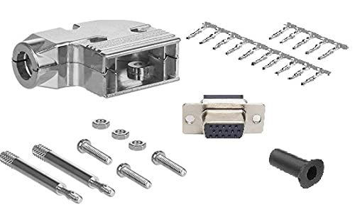 High Density DB15 crimp female connector complete bundle DIY kit includes connector, right angle hood, female crimp pin, strain relief grommets and screws.