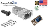 DB9 solder male connector complete bundle DIY kit includes connector, housing, strain relief grommets and screws.