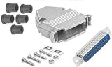 DB25 solder male connector complete bundle DIY kit includes connector, housing, strain relief grommets and screws.