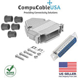 DB25 solder male connector complete bundle DIY kit includes connector, housing, strain relief grommets and screws.