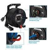 CompuCablePlus CAT6A S/FTP Portable Indoor/Outdoor IP67 Waterproof Retractable Shielded Ethernet Network Cable Mobile Extension Reel, Female to Female, 150FT, Black.