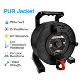 CompuCablePlus CAT6A S/FTP Indoor/Outdoor IP67 Waterproof Retractable Shielded Ethernet Network Cable Mobile Extension Reel, Female to Female, 150FT, Black. IP67 Waterproof, Oil Resistance, UV Resistance, Low Temperature Resistance, Corrosion Resistance, Tensile Strength.