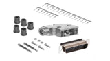 DB25 Crimp Male Connector complete bundle DIY Kit includes connector, Right angle hood, male crimp pin, strain relief grommets and screws.