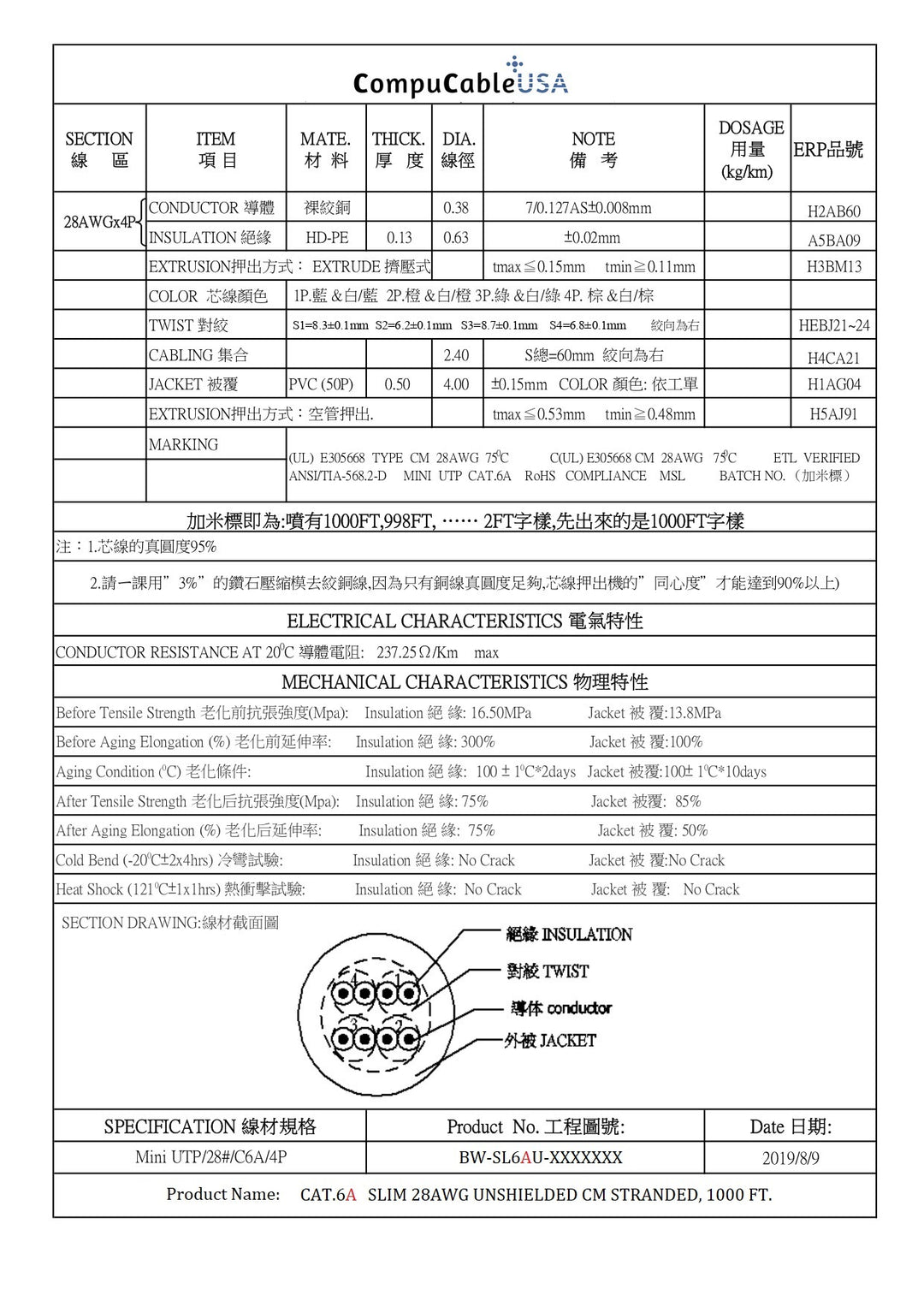CompuCablePlusUSA.com CAT6A Slim 28 AWG Unshielded CM Rated - Stranded Ethernet Bulk Cable, 10 Gigabit Network LAN Wire, UTP Internet Cable 1000 FT. Reel. Black. Data Sheet.