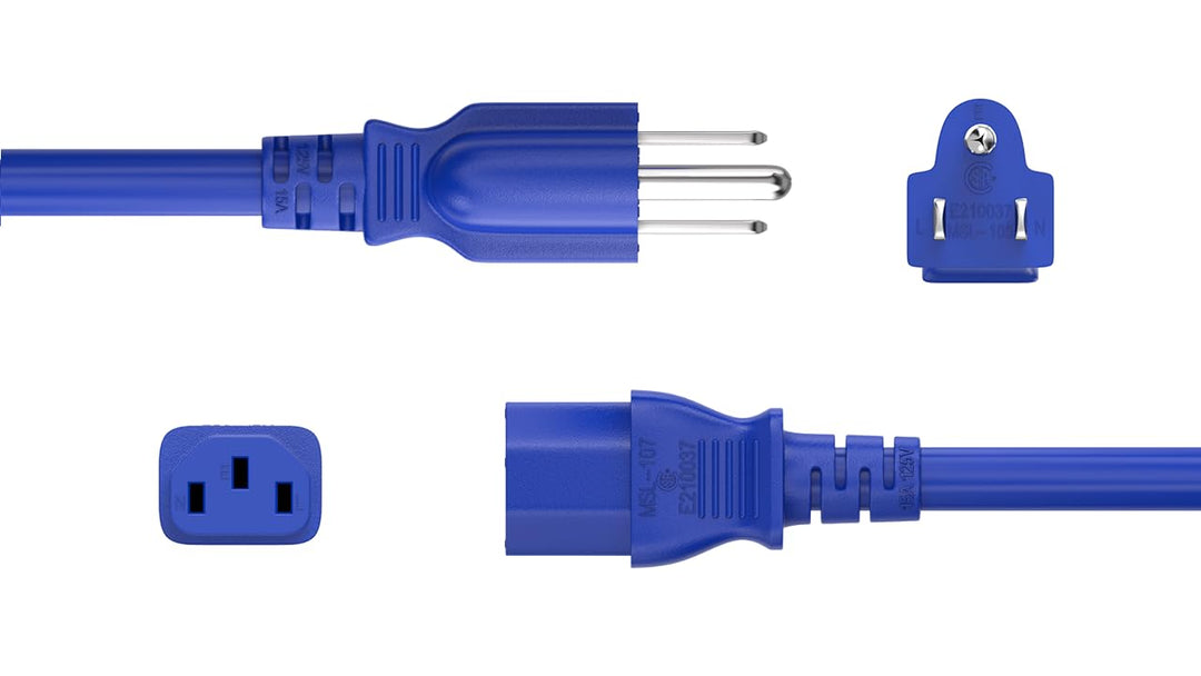 CompuCablePlusUSA NEMA 5-15P to IEC C13 North America Standard Power Cord - 18 AWG SJT, 10A/125V, UL Certified, Blue, 1/2/3/4/6/10 FT