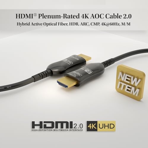 CompuCablePlusUSA.com 4K HDMI 2.0 Cable with Built-in Signal Booster, 4K/UHD High-Speed Hybrid Active Optical Cable (AOC) Plenum-Rated (CMP) 4K60Hz, 18 Gbps, M/M, 35 FT to 75 FT.