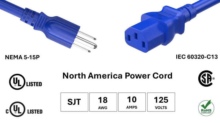 CompuCablePlusUSA NEMA 5-15P to IEC C13 North America Standard Power Cord - 18 AWG SJT, 10A/125V, UL Certified, Blue, 1/2/3/4/6/10 FT