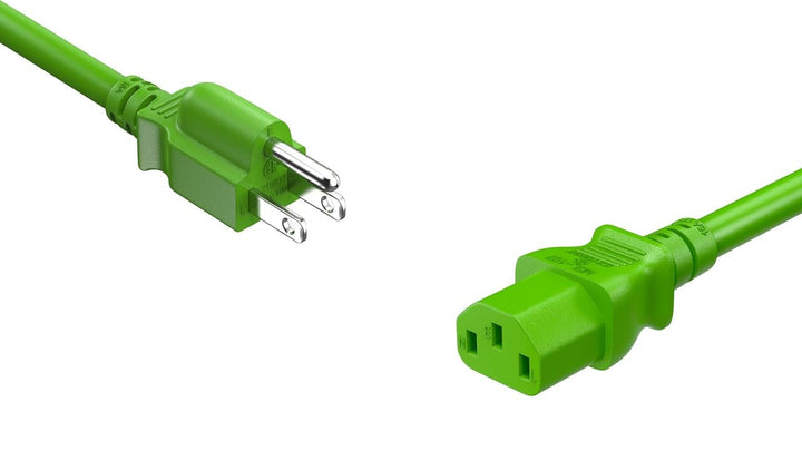 CompuCablePlusUSA.com NEMA 5-15P to C13 Green Color Power Cord on a white background.