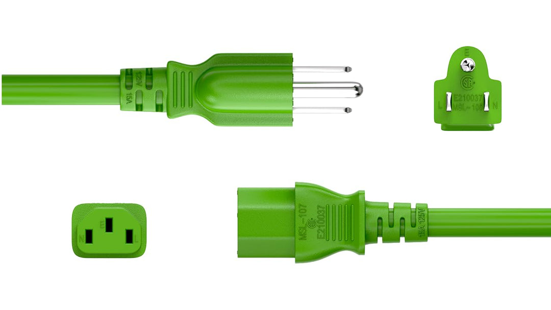 CompuCablePlusUSA.com NEMA 5-15P to C13 Green Color Power Cord on a white background.