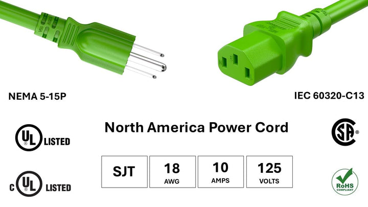 CompuCablePlusUSA.com NEMA 5-15P to C13 Green Color Power Cord with Spec info, UL, cUL, CSA, and RoHS certified on a white background.