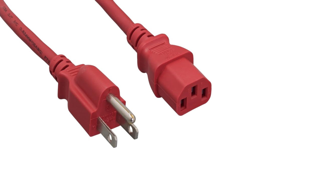 CompuCablePlusUSA.com NEMA 5-15P to C13 Red 18AWG Power Cord on a White Background.