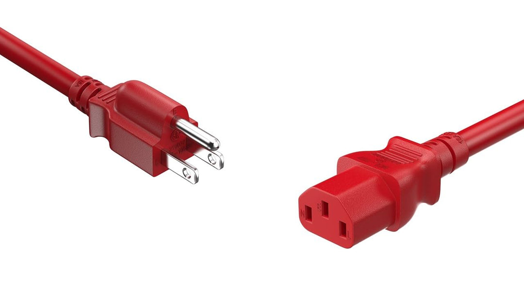CompuCablePlusUSA.com NEMA 5-15P to C13 Red 18AWG Power Cord on a White Background.