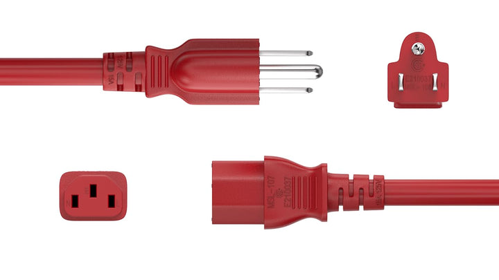 CompuCablePlusUSA.com NEMA 5-15P to C13 Red 18AWG Power Cord on a White Background.