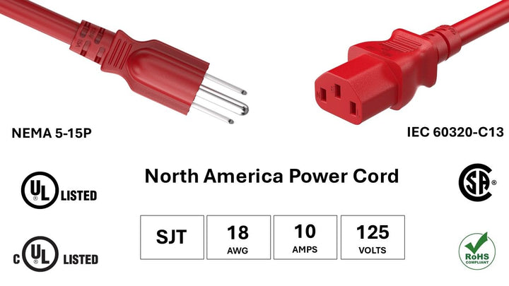 CompuCablePlusUSA.com NEMA 5-15P to C13 Red 18AWG Power Cord with Spec info UL, cUL, CSA, RoHS certified on a White Background.