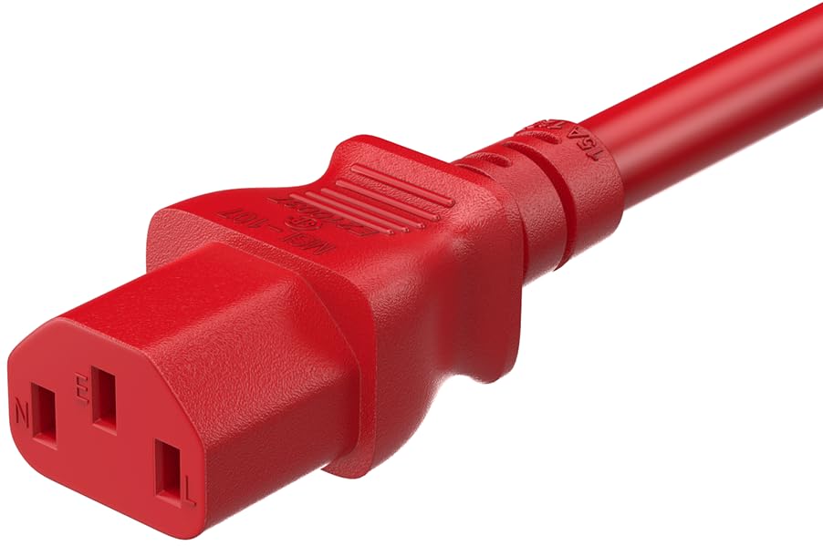 CompuCablePlusUSA.com C13 Red 18AWG Power Cord on a White Background.