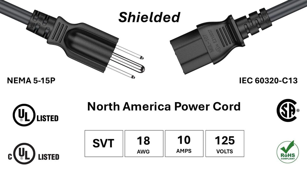 CompuCablePlusUSA.com Shielded NEMA 5-15P to C13 18AWG Black Power Cord.