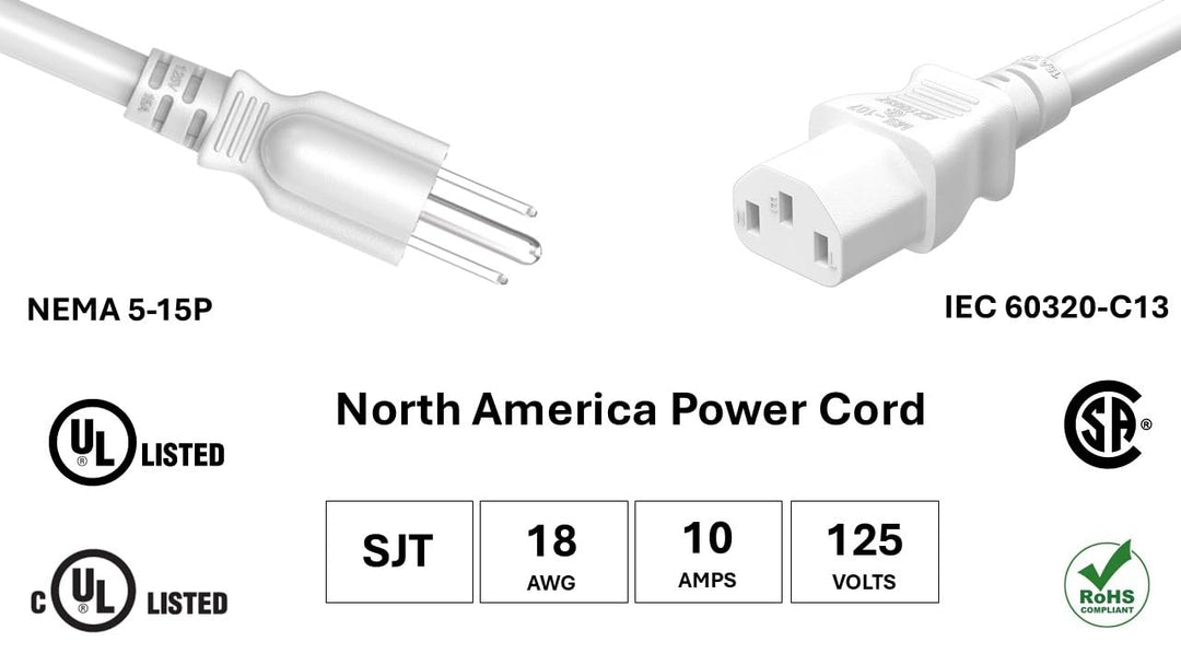CompuCablePlusUSA.com NEMA 5-15P to C13 White Power Cord with Sepc info and UL, cUL, CSA, RoHS certified on a white background.