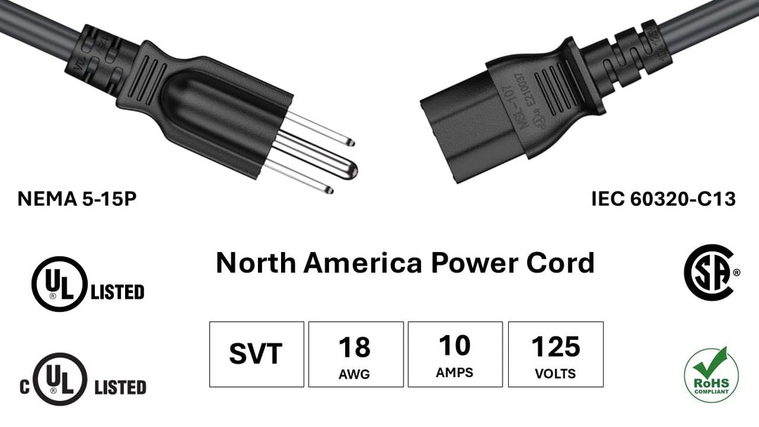 CompuCablePlusUSA.com NEMA 5-15P to C13 Power Cord Black Spec adn UL, cUL, CSA, RoHS certified.
