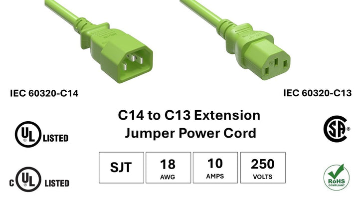 ompuCablePlusUSA.com C14 to C13 Extension Power Cord, 18AWG, Green, and product info, UL, cUL, CSA, and RoHS certified. 
