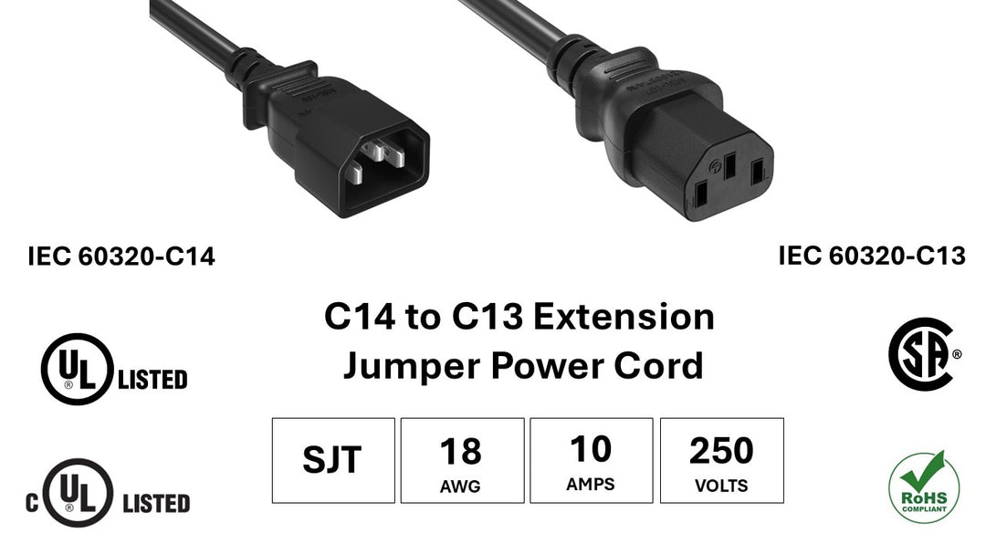 CompuCablePlusUSA.com C14 to C13 Extension Power Cord, 18AWG, Black, and product info, UL, cUL, CSA, and RoHS certified. 