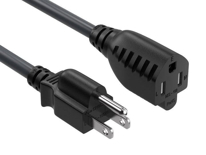 CompuCablePlusUSA.com NEMA 5-15P to 5-15R Power Extension Cord, 16AWG, Black Color.