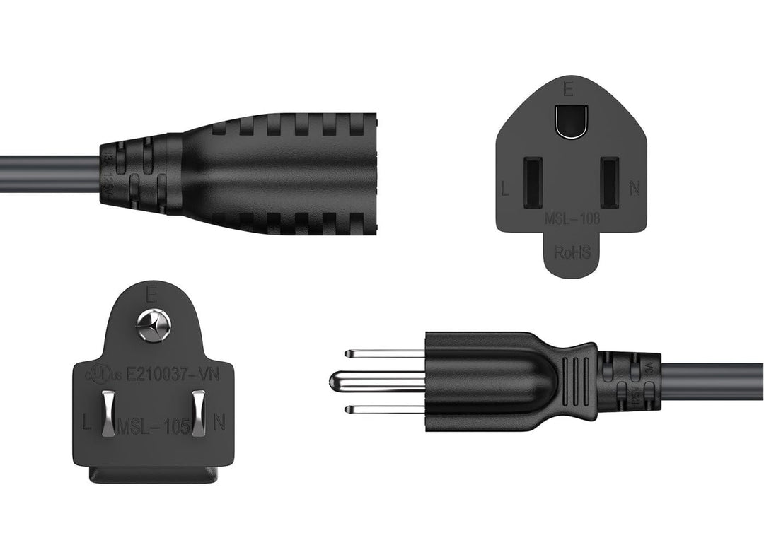 CompuCablePlusUSA.com NEMA 5-15P to 5-15R Power Extension Cord, 16AWG, Black Color.