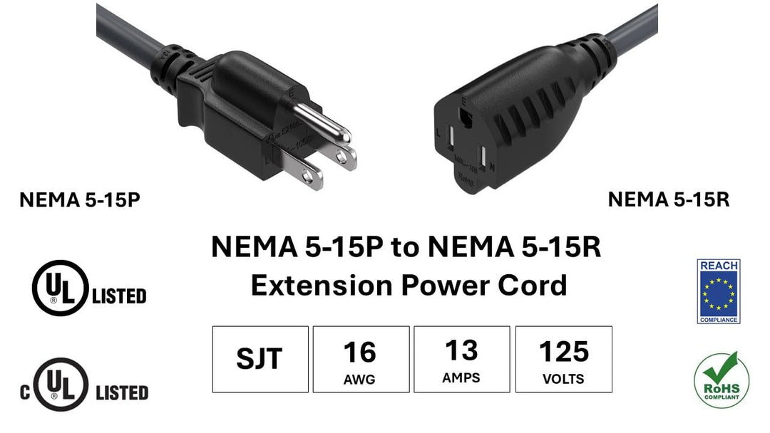 CompuCablePlusUSA.com NEMA 5-15P to 5-15R Power Extension Cord, 16AWG, SJT, 13A/125V Black color cord, UL, cUL, REACH Compliance, and RoHS certified. 