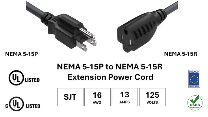 CompuCablePlusUSA.com NEMA 5-15P to 5-15R Power Extension Cord, 16AWG, SJT, 13A/125V Black color cord, UL, cUL, REACH Compliance, and RoHS certified. 