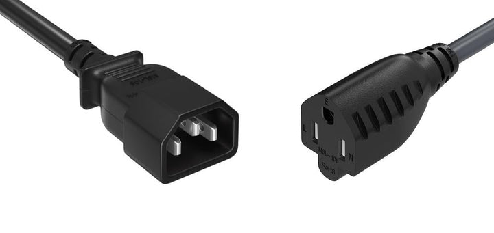CompuCablePlusUSA.com C14 to 5-15R Power Extension Cord - PDU Adapter Cable, 18 AWG, Black Color. 