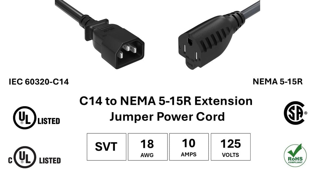 CompuCablePlusUSA.com C14 to 5-15R Power Extension Cord - PDU Adapter Cable, SVT, 18 AWG, 10A/125V Black Color. 
