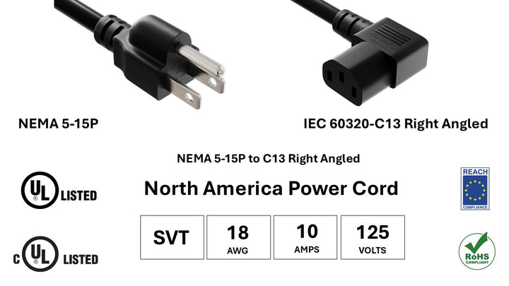 CompuCablePlusUSA NEMA 5-15P to IEC 60320 C13 Right Angle North American Standard Power Cord, SVT, 18AWG, 10AMP/125Volts, UL/cUL/REACH/RoHS. 