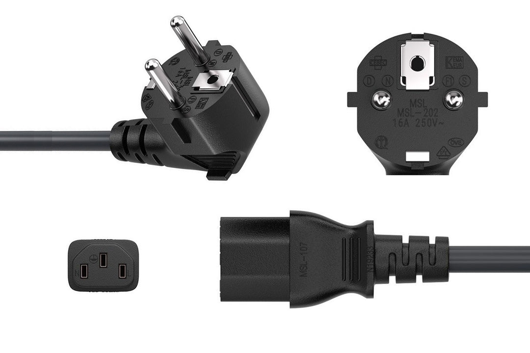 CompuCablePlusUSA Right Angle European Schuko CEE 7/7 to IEC 60320 C13 AC Power Cord Black Color on both connector views