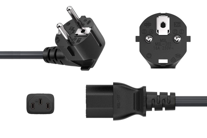 CompuCablePlusUSA Right Angle European Schuko CEE 7/7 to IEC 60320 C13 AC Power Cord Black Color on both connector views