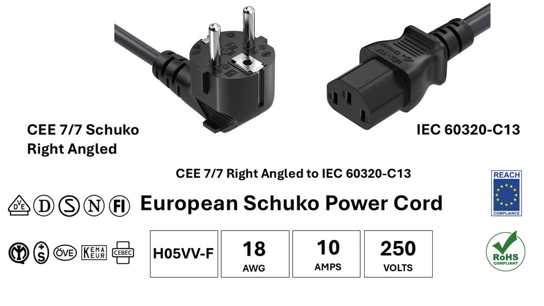 CompuCablePlusUSA Right Angle European Schuko CEE 7/7 to IEC 60320 C13 AC Power Cord Black Color, H05VV-F, 18AWG, 10A/250V, VDE, ENEC, SAA, IMQ, KEMA, OVE, CEBEC, +S, DEMKO, SEMKO, NEMKO, and FIMKO, REACH, RoHS.
