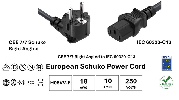 CompuCablePlusUSA Right Angle European Schuko CEE 7/7 to IEC 60320 C13 AC Power Cord Black Color, H05VV-F, 18AWG, 10A/250V, VDE, ENEC, SAA, IMQ, KEMA, OVE, CEBEC, +S, DEMKO, SEMKO, NEMKO, and FIMKO, REACH, RoHS.