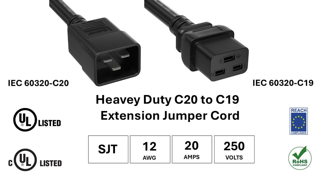 CompuCablePlusUSA.com Heavy Duty C20 to C19 Extension Jumper Cord, 12AWG, SJT, 20A/250V Black color cord, UL, cUL, REACH Compliance, and RoHS certified. 