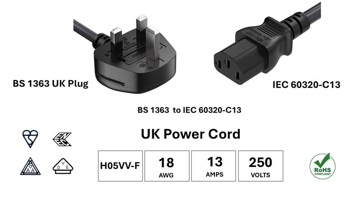 CompuCablePlusUSA UK BS 1363 Fused to IEC 60320 C13 AC Power Cord Black Color, H05VV-F, 18WG, 13A/250V,   BSI, VDE, ENEC, and SAA certified, RoHS.