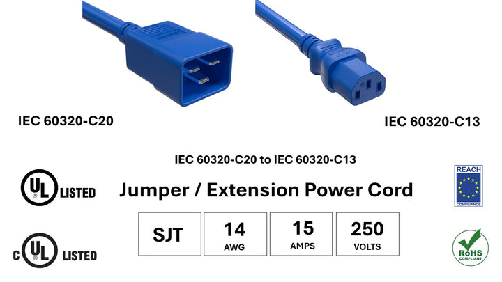 CompuCablePlusUSA IEC 60320 C20 to C13 Extension Jumper Power Cord Blue Color, SJT, 14AWG, 15A/250V, UL, cUL, REACH, RoHS.