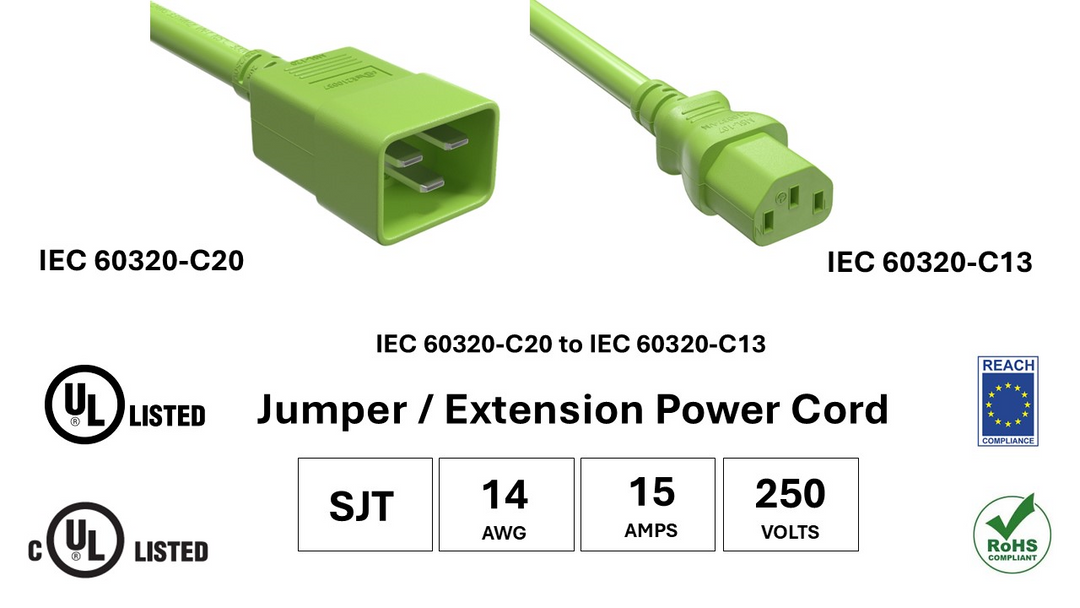 CompuCablePlusUSA IEC 60320 C20 to C13 Extension Jumper Power Cord Green Color, SJT, 14AWG, 15A/250V, UL, cUL, REACH, RoHS.