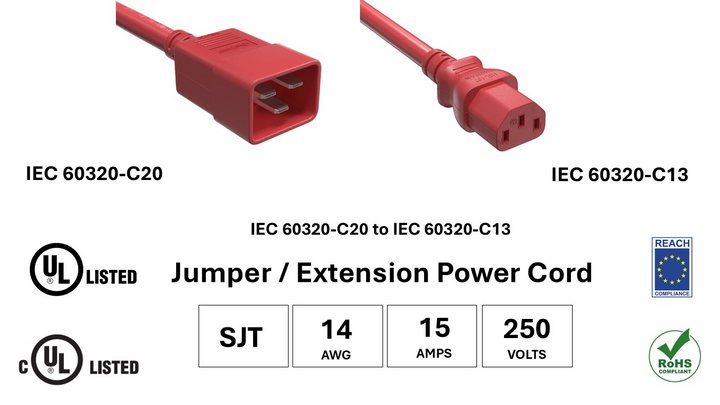 CompuCablePlusUSA IEC 60320 C20 to C13 Extension Jumper Power Cord Red Color, SJT, 14AWG, 15A/250V, UL, cUL, REACH, RoHS. 