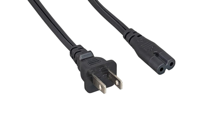 CompuCablePlusUSA.com NEMA 1-15P to C7 (Non-Polarized)Black power cord with plug on a white background