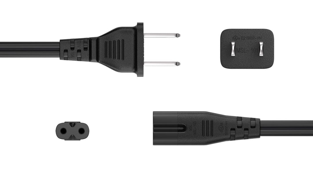 CompuCablePlusUSA.com NEMA 1-15P to C7 (Non-Polarized)Black power cord with plug on a white background