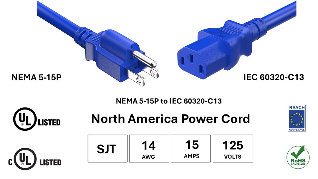 CompuCablePlusUSA NEMA 5-15P to IEC 60320 C13 North American Standard Power Cord Blue Color, SJT, 14AWG, 15A/125V, UL, cUL, REACH, RoHS